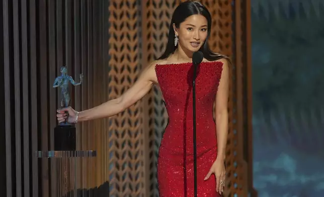 Anna Sawai accepts the award for outstanding performance by a female actor in a drama series for "Shogun" during the 31st annual Screen Actors Guild Awards on Sunday, Feb. 23, 2025, at the Shrine Auditorium in Los Angeles. (AP Photo/Chris Pizzello)