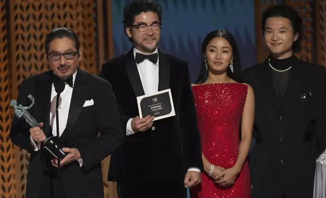 Hiroyuki Sanada, from left, Tadanobu Asano, Anna Sawai, and Hiroto Kanai accept the award for outstanding performance by an ensemble in a drama series for "Shogun" during the 31st annual Screen Actors Guild Awards on Sunday, Feb. 23, 2025, at the Shrine Auditorium in Los Angeles. (AP Photo/Chris Pizzello)