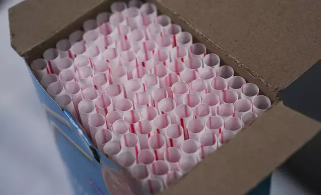 A box of plastic straws is displayed, Tuesday, Feb. 11, 2025, in Cincinnati. (AP Photo/Joshua A. Bickel)