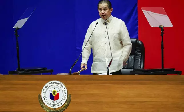 House Speaker Martin Romualdez hears the decision of members of Congress to impeach Vice President Sara Duterte at the House of Representatives in Quezon City in Manila, Philippines, Wednesday, Feb.5, 2025. (AP Photo/Gerard Carreon)
