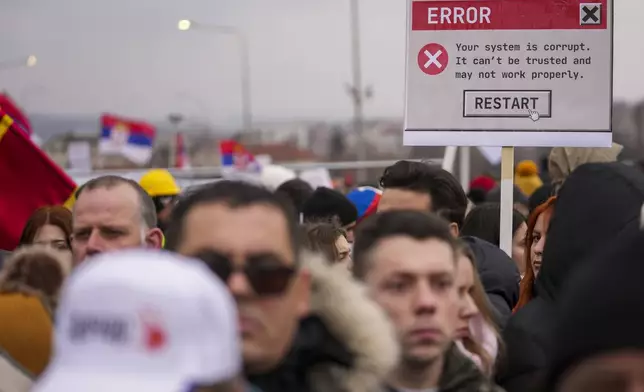 People attend a protest triggered after a concrete canopy on a railway station in the northern city of Novi Sad collapsed on Nov. 1, 2024 killed 15 people, in Kragujevac, Serbia, Saturday, Feb. 15, 2025. (AP Photo/Darko Vojinovic)