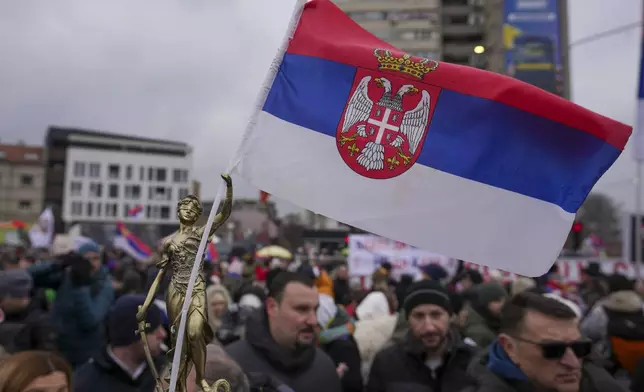 People attend a protest triggered after a concrete canopy on a railway station in the northern city of Novi Sad collapsed on Nov. 1, 2024 killed 15 people, in Kragujevac, Serbia, Saturday, Feb. 15, 2025. (AP Photo/Darko Vojinovic)