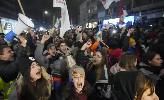 Students arrive in Serbian industrial town of Kragujevac, to protest the deaths of 15 people killed in the November collapse of a train station canopy, Friday, Feb. 14, 2025. (AP Photo/Darko Vojinovic)
