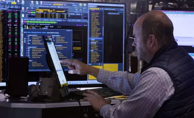 Trader Peter Mancuso works on the floor of the New York Stock Exchange, Tuesday, Feb. 4, 2025. (AP Photo/Richard Drew)