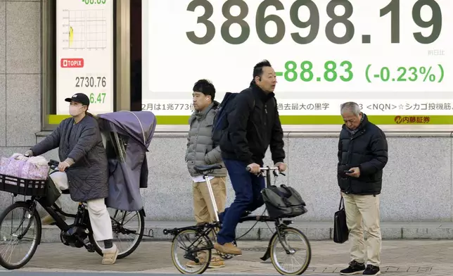 People stand in front of an electronic stock board showing Japan's Nikkei index at a securities firm Monday, Feb. 10, 2025, in Tokyo. (AP Photo/Eugene Hoshiko)