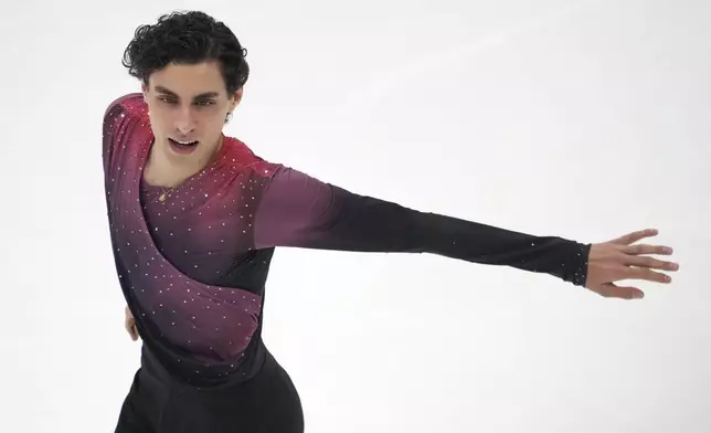 Nikolaj Memola of Italy performs during the men's free skating program at the ISU European Figure Skating Championships in Tallinn, Estonia, Saturday, Feb. 1, 2025. (AP Photo/Sergei Grits)