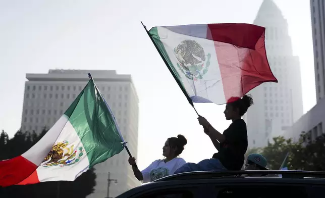 Demonstrators wave flags during a protest calling for immigration reform Sunday, Feb. 2, 2025, in Los Angeles. (AP Photo/Eric Thayer)