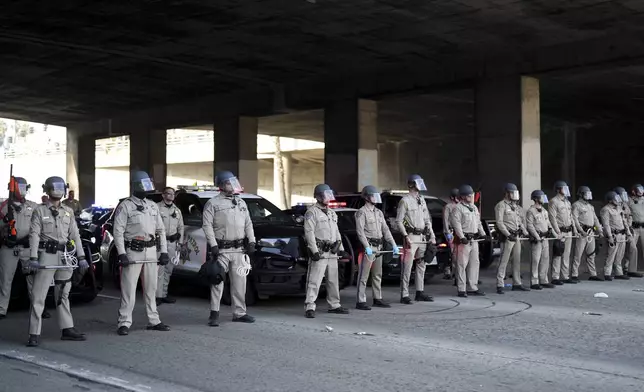 CORRECTS NAME OF THE FREEWAY - Law enforcement personnel stage in front of a group of demonstrators who shut down the 101 freeway during a protest calling for immigration reform Sunday, Feb. 2, 2025, in Los Angeles. (AP Photo/Eric Thayer)
