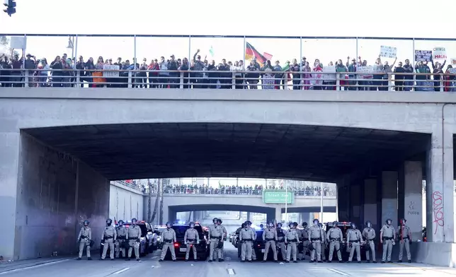 CORRECTS NAME OF THE FREEWAY - Law enforcement personnel stage in front of a group of demonstrators who shut down the 101 freeway during a protest calling for immigration reform Sunday, Feb. 2, 2025, in Los Angeles. (AP Photo/Eric Thayer)