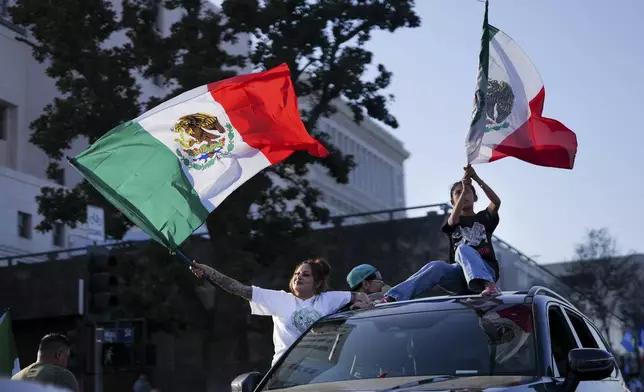 Demonstrators wave flags during a protest calling for immigration reform Sunday, Feb. 2, 2025, in Los Angeles. (AP Photo/Eric Thayer)