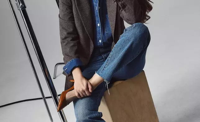 Barbara Palvin in 50/50 Rigid Stretch Jeans, denim boyfriend Portofino Shirt and textured blazer. (Photo: Business Wire)