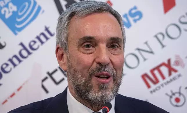 Milano Cortina 2026 Foundation CEO Andrea Vernier attends a press conference at the Foreign Press Club in Rome, Tuesday, Feb. 18, 2025, on the next Winter Olympic Games that will take place in Italy in February 2026. (AP Photo/Domenico Stinellis)