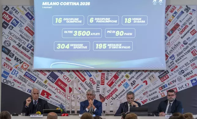 From left, Milano Cortina 2026 Foundation President Giovanni Malago, Italian Minister of Sports Andrea Bodi, Foundation CEO Andrea Vernier, and Foundation Communications Director Luca Casassa, attend a press conference at the Foreign Press Club in Rome, Tuesday, Feb. 18, 2025, on the next Winter Olympic Games that will start in Italy in February 2026. (AP Photo/Domenico Stinellis)