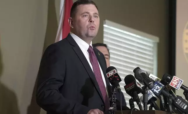 Cullman County Sheriff Matt Gentry speaks at a press conference Wednesday, Feb. 19, 2025, in Cullman, Ala. (Patrick Camp/The Cullman Times via AP)