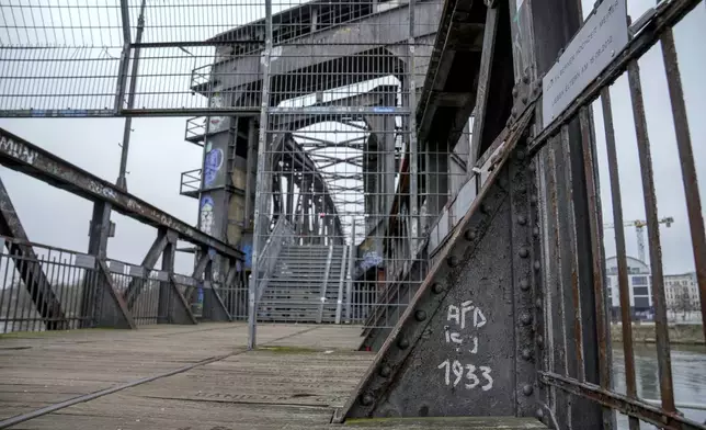 An anti AFD slogan is seen written on a bridge in the city of Magdeburg, Germany, Thursday, Feb. 6, 2025. (AP Photo/Ebrahim Noroozi)