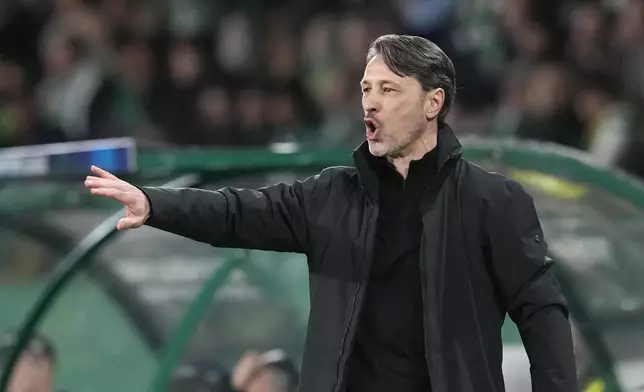 Dortmund's head coach Nico Kovac reacts during the Champions League playoff first leg soccer match between Sporting CP and Borussia Dortmund at the Alvalade stadium in Lisbon, Portugal, Tuesday, Feb. 11, 2025. (AP Photo/Armando Franca)