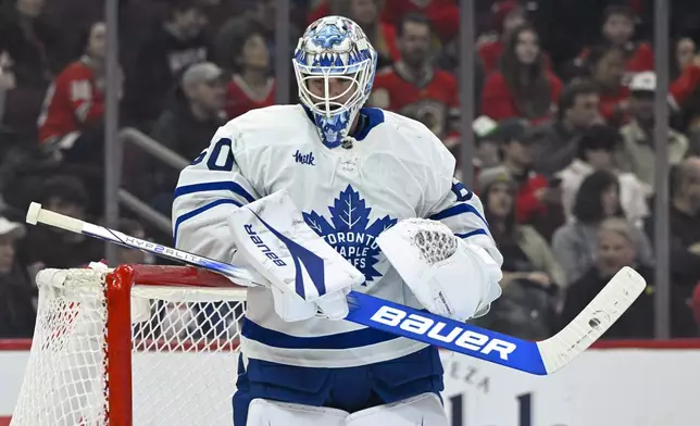 Toronto Maple Leafs goaltender Joseph Woll takes a break during the first period of an NHL hockey game against the Chicago Blackhawks, Sunday, Feb. 23, 2025, in Chicago. (AP Photo/Matt Marton)