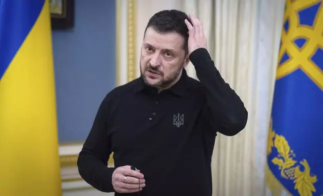 FILE - Ukrainian President Volodymyr Zelenskyy speaks during his briefing in Kyiv, Ukraine, Wednesday, Feb. 5, 2025. (AP Photo/Efrem Lukatsky, File)