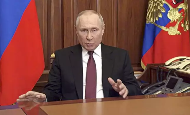 FILE - In this image made from video released by the Russian Presidential Press Service, Russian President Vladimir Putin addresses the nation in Moscow, Russia, Thursday, Feb. 24, 2022. (Russian Presidential Press Service via AP, File)