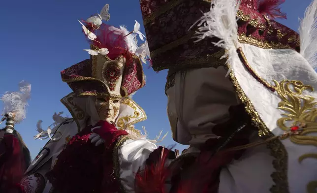 Revellers participate in the celebrations of the historic Venetian Carnival in St. Mark's Square in Venice, Italy, Saturday, Feb.15, 2025. (AP Photo/Antonio Calanni)