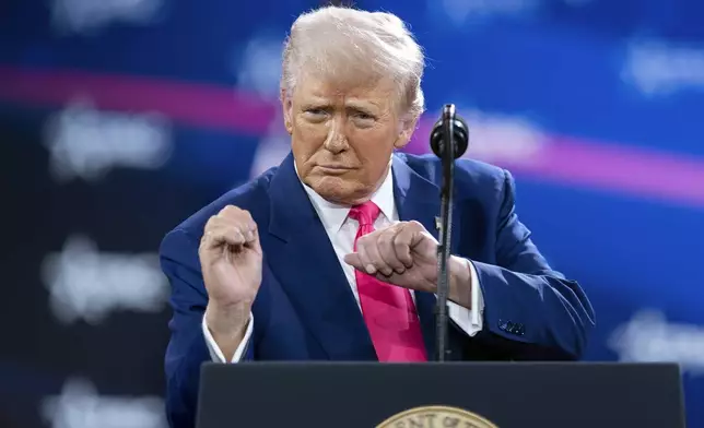 President Donald Trump dances as he speaks at the Conservative Political Action Conference, CPAC, at the Gaylord National Resort &amp; Convention Center, Saturday, Feb. 22, 2025, in Oxon Hill, Md. (AP Photo/Jose Luis Magana)