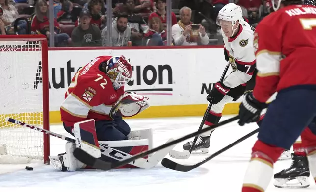 Ottawa Senators left wing Brady Tkachuk (7) shoots to score a goal past Florida Panthers goaltender Sergei Bobrovsky (72) during the first period of an NHL hockey game Saturday, Feb. 8, 2025, in Sunrise, Fla. (AP Photo/Lynne Sladky)