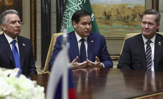 U.S. Secretary of State Marco Rubio, U.S. National Security Advisor Mike Waltz, and U.S. Middle East envoy Steve Witkoff attend an interview after meeting with Russian Foreign Minister Sergei Lavrov and Russian President Vladimir Putin's foreign policy advisor Yuri Ushakov, at Diriyah Palace, in Riyadh, Saudi Arabia, Tuesday, Feb. 18, 2025. (Evelyn Hockstein/Pool Photo via AP)