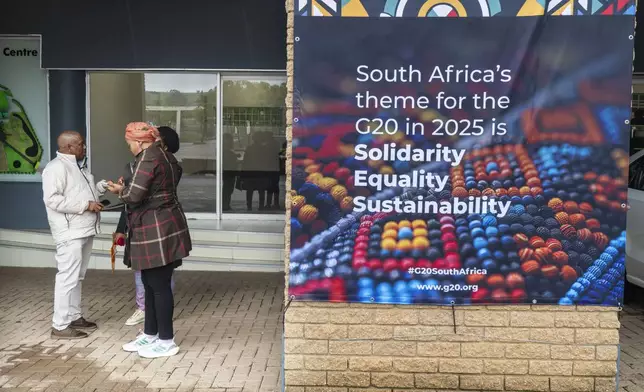 A G20 poster calling for Solidarity, Equality and Sustainability adorns the site where the foreign ministers meeting of the G20 will take place without The U.S. Secretary of State Feb. 20 and 21, 2025, in Johannesburg, South Africa, Wednesday, Feb. 19, 2025. (AP Photo/Jerome Delay)