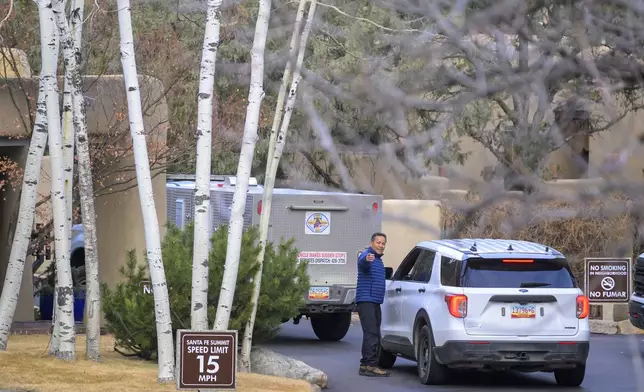 Santa Fe County Sheriff deputies arrive at the Santa Fe Summit gated community where actor Gene Hackman and his wife Betsy Arakawa passed away were earlier found dead, Thursday, Feb. 27, 2025 in Santa Fe, N.M. (AP Photo/Roberto E. Rosales)
