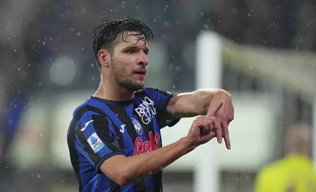 Atalanta's Berat Djimsiti celebrates after scoring during the Serie A soccer match between Atalanta and Torino at the Gewiss Stadium in Bergamo, Italy, Saturday Feb.1, 2025 . (Spada/LaPresse via AP)