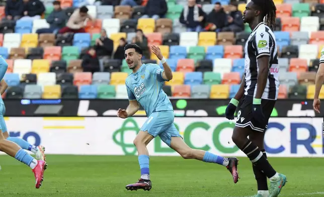 Venezia's Kike Perez celebrates after scoring celebrates after scoring during the Serie A soccer match between Udinese and Venezia at the Bluenergy Stadium in Udine, Italy, Saturday, Feb. 1, 2025. (Andrea Bressanutti/LaPresse via AP)