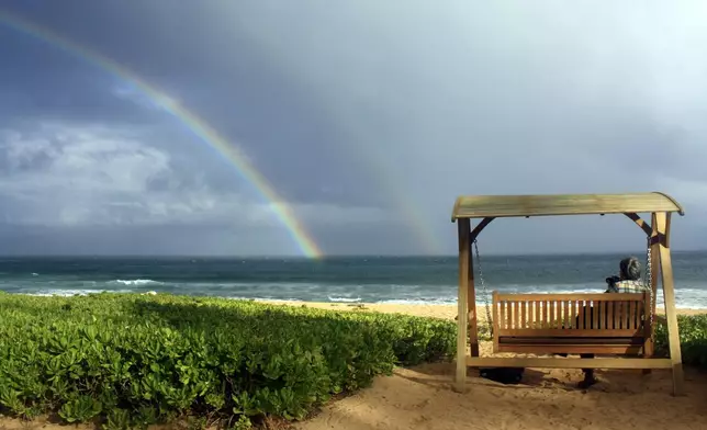 FILE - Joseph Heher photographs rainbows at Shipwreck's Beach, Grand Hyatt Kauai, Hawaii, July 2, 2010, in Hawaii. (AP Photo/Ashley Heher, File)