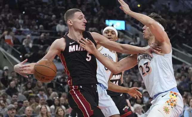 Miami Heat forward Nikola Jovic (5) and San Antonio Spurs forward Zach Collins (23) scramble for a rebound during the second half of an NBA basketball game in San Antonio, Saturday, Feb. 1, 2025. (AP Photo/Eric Gay)