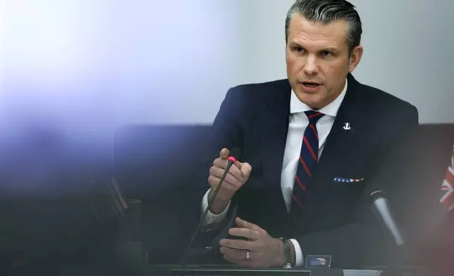 United States Secretary of Defense Pete Hegseth speaks during a meeting of the Ukraine Defense Contact group at NATO headquarters in Brussels, Wednesday, Feb. 12, 2025. (AP Photo/Omar Havana)