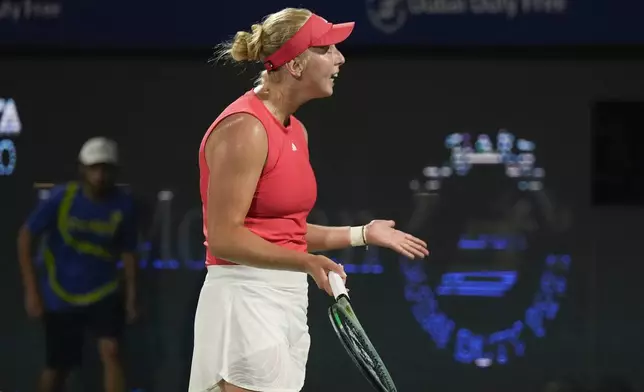 Denmark's Clara Tauson reacts during the Dubai Duty Free Tennis Championship final match against Russia's Mirra Andreeva in Dubai, United Arab Emirates, on Saturday, Feb. 22, 2025. (AP Photo/Altaf Qadri)
