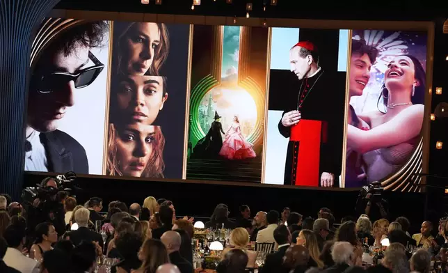 The nominees for outstanding ensemble in a motion picture during the 31st annual Screen Actors Guild Awards on Sunday, Feb. 23, 2025, at the Shrine Auditorium in Los Angeles. (AP Photo/Chris Pizzello)