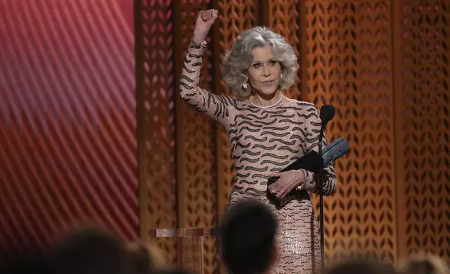 Jane Fonda accepts the lifetime achievement award during the 31st annual Screen Actors Guild Awards on Sunday, Feb. 23, 2025, at the Shrine Auditorium in Los Angeles. (AP Photo/Chris Pizzello)