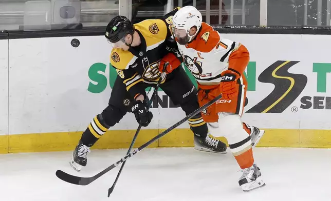 Boston Bruins center Morgan Geekie, left, and Anaheim Ducks defenseman Radko Gudas (7) vie for the puck along the boards during the first period of an NHL hockey game, Saturday, Feb. 22, 2025, in Boston. (AP Photo/Mary Schwalm)