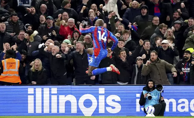 Crystal Palace's Jean-Philippe Mateta celebrates scoring their side's second goal of the game during the English Premier League soccer match between Crystal Palace and Aston Villa at Selhurst Park, London, Tuesday, Feb. 25, 2025. (Zac Goodwin/PA via AP)