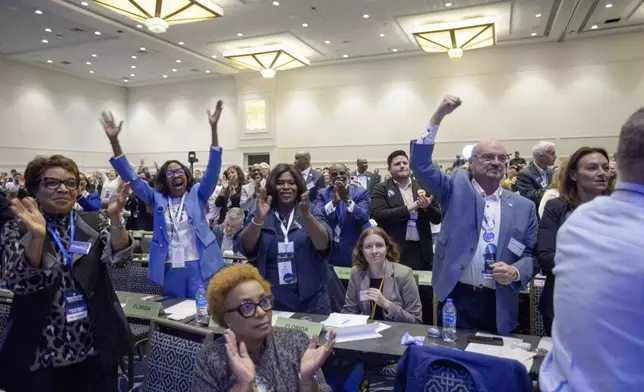 Attendees cheer as Ken Martin is announced as the newly elected Democratic National Committee Chairman after winning the vote at the Democratic National Committee Winter Meeting at the Gaylord National Resort and Convention Center in National Harbor, Md., Saturday, Feb. 1, 2025. (AP Photo/Rod Lamkey, Jr.)