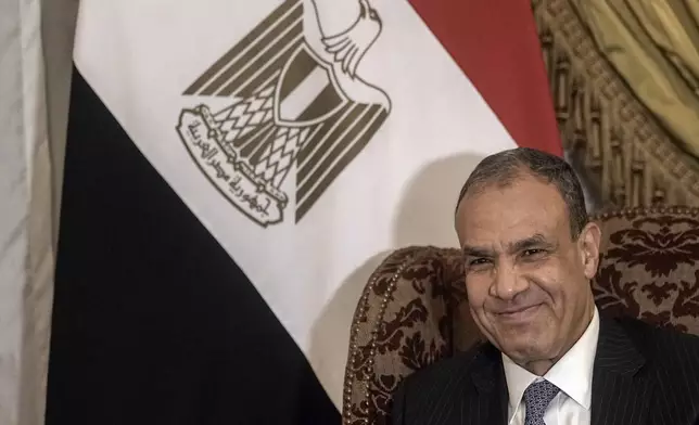 Egyptian Foreign Minister Badr Abdelatty, right, meets with his Tunisian counterpart Mohamed Ali Nafti ahead of the Arab Summit at Tahrir Palace in Cairo, Egypt, Monday, March 3, 2025. (AP Photo/Amr Nabil)