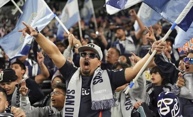 San Diego FC fans sing before the team hosts St. Louis City in an MLS soccer match Saturday, March 1, 2025, in San Diego. (AP Photo/Gregory Bull)