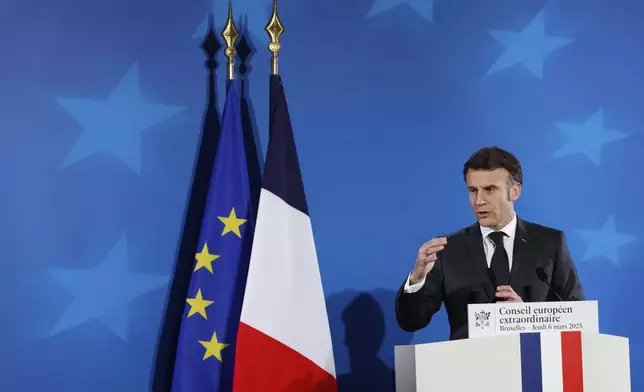 French President Emmanuel Macron speaks during a media conference at an EU Summit in Brussels, Thursday, March 6, 2025. (AP Photo/Omar Havana)