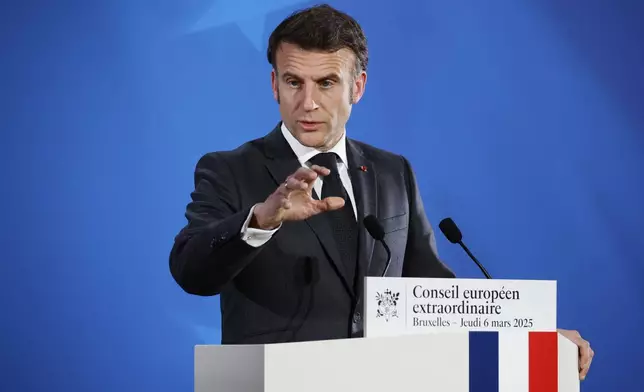 FILE - French President Emmanuel Macron speaks during a media conference at an EU Summit in Brussels, Thursday, March 6, 2025. (AP Photo/Omar Havana, File)