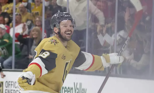 Vegas Golden Knights center Tomas Hertl (48) celebrates after scoring during the second period of an NHL hockey game against the Detroit Red Wings, Saturday, March 22, 2025, in Las Vegas. (AP Photo/Ian Maule)