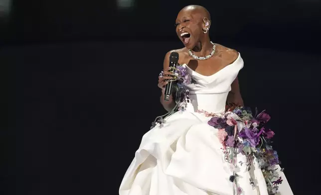 Cynthia Erivo performs "Defying Gravity" during the Oscars on Sunday, March 2, 2025, at the Dolby Theatre in Los Angeles. (AP Photo/Chris Pizzello)