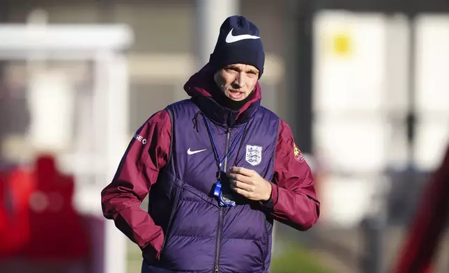 England national soccer team manager Thomas Tuchel during a training session at St George's Park, Burton upon Trent, England, Tuesday March 18, 2025. (Mike Egerton/PA via AP)