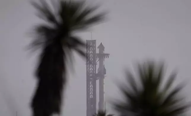 SpaceX's mega rocket Starship is prepared for a test flight in stiff winds from Starbase in Boca Chica, Texas, Thursday, March 6, 2025. (AP Photo/Eric Gay)
