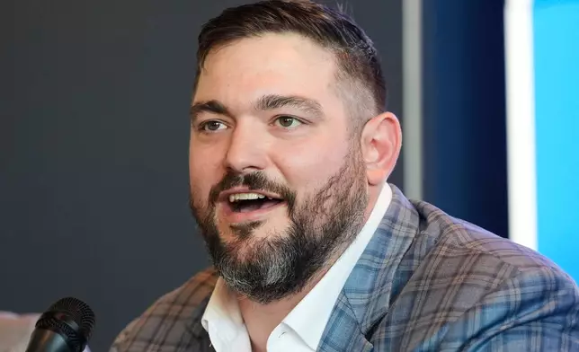 Dallas Cowboys lineman Zach Martin speaks after announcing his retirement during an NFL football press conference at the team's headquarter in Frisco, Texas, Wednesday, March 5, 2025. (AP Photo/LM Otero)