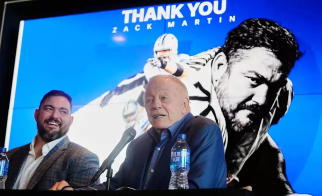 Dallas Cowboys owner Jerry Jones, right, speaks as lineman Zach Martin looks on during an NFL football news conference where Martin announced retirement, Wednesday, March 5, 2025, at the team's headquarter in Frisco, Texas. (AP Photo/LM Otero)
